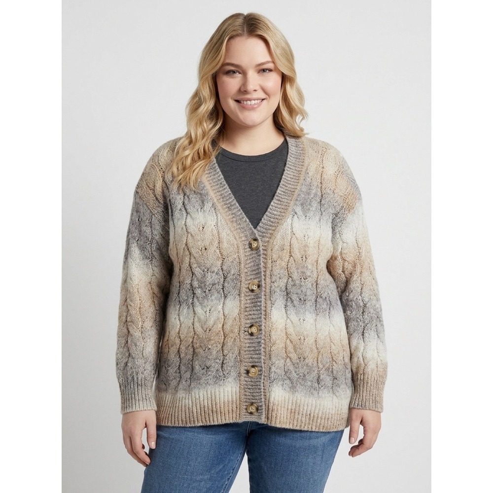 Ava & Viv Womens Plus Size X Cable Knit Ombre Button Front Cardigan Sweater Tan‎
